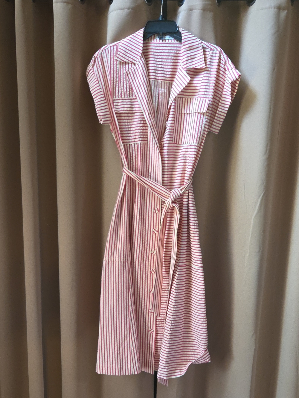 Striped Midi Shirt Dress By Brave+True with Belt — Red & White